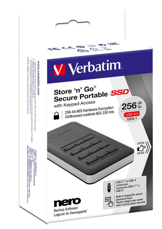 SSD Externe Sécurisé 256 Go USB 3.0 / USB-C Verbatim Store 'n' Go Secure