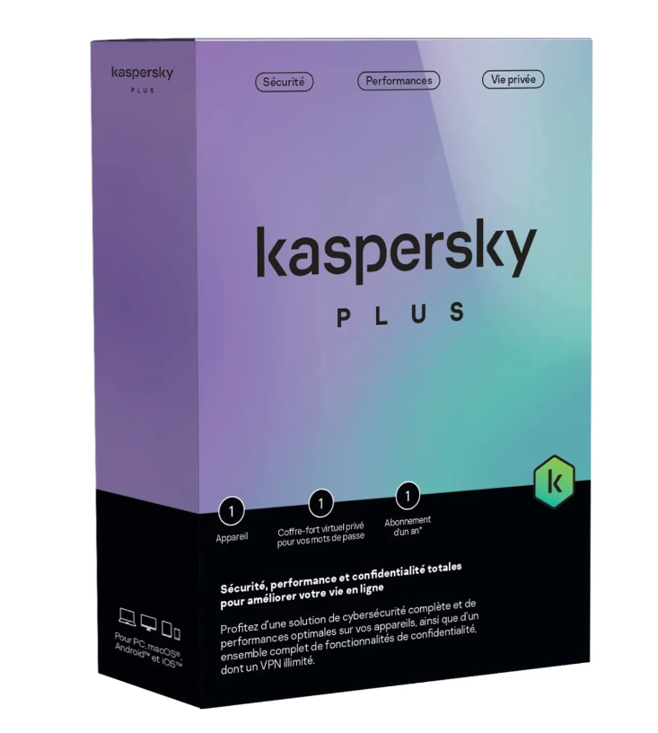 Kaspersky Plus (équivalent à Internet Security) – 1 Poste / 1 An