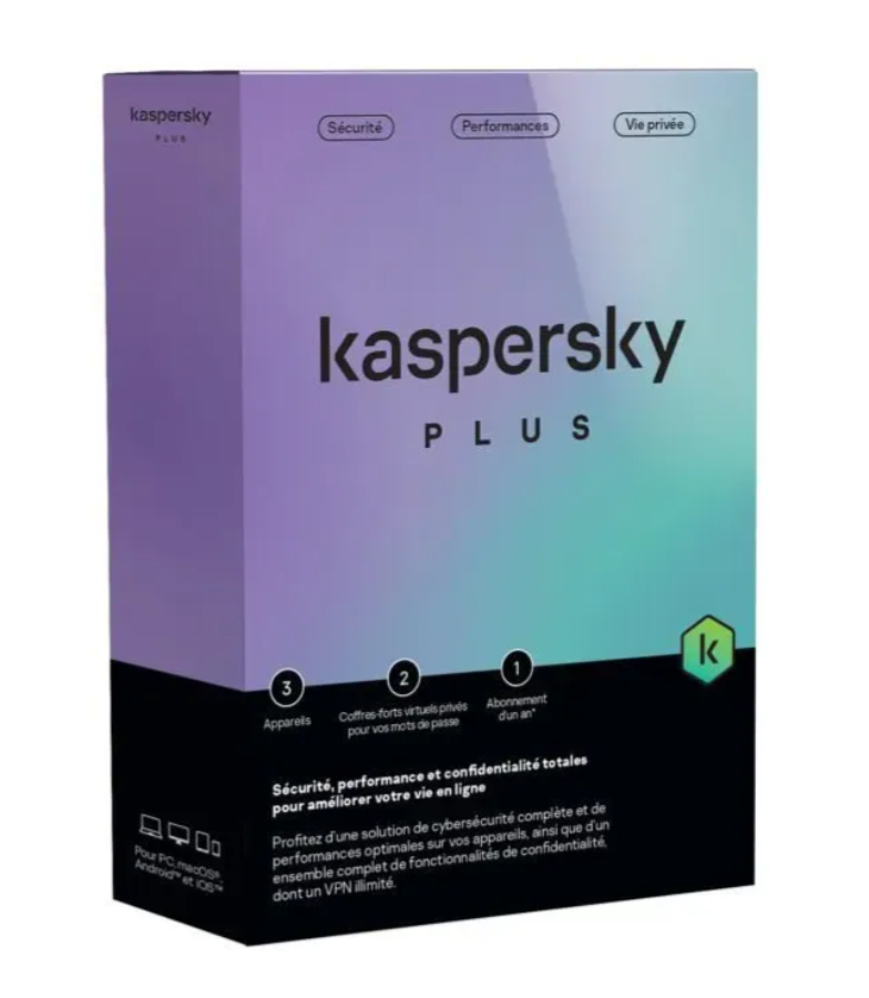 Kaspersky Plus (équivalent à Internet Security) – 3 Postes / 1 An