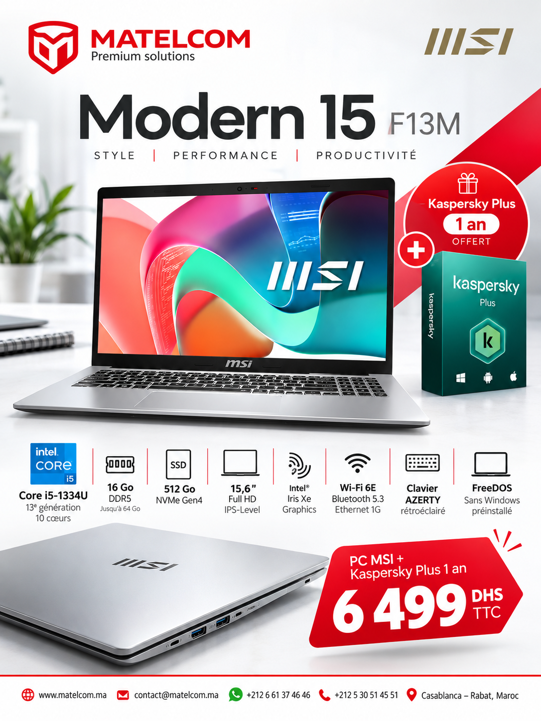 Ordinateur Portable MSI Modern 15 F13M – Core i5-1334U – 16 Go DDR5 – SSD 512 Go – 15,6" Full HD – FreeDOS
