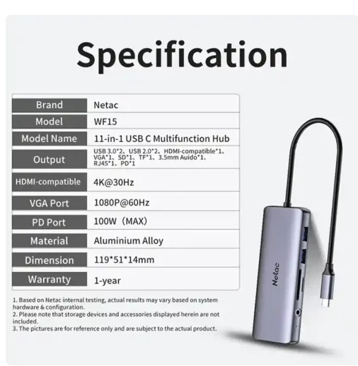 Netac WF15 11-in-1 Type-C Multi Media Docking Station – USB-C – HDMI 4K – VGA – Gigabit RJ45 – PD 100W photo 4