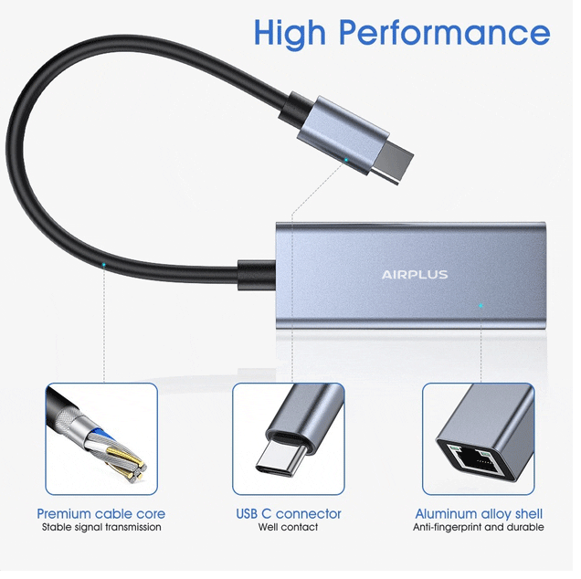 Adaptateur Ethernet USB-C vers Gigabit RJ45 Airplus C3101 photo 2