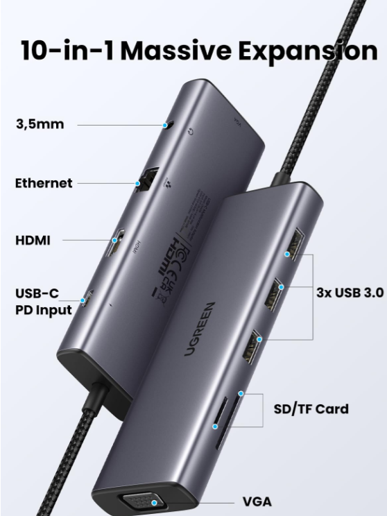 Hub USB-C UGREEN 10 en 1 Multiport – HDMI 4K / VGA / RJ45 / PD 100W photo 2