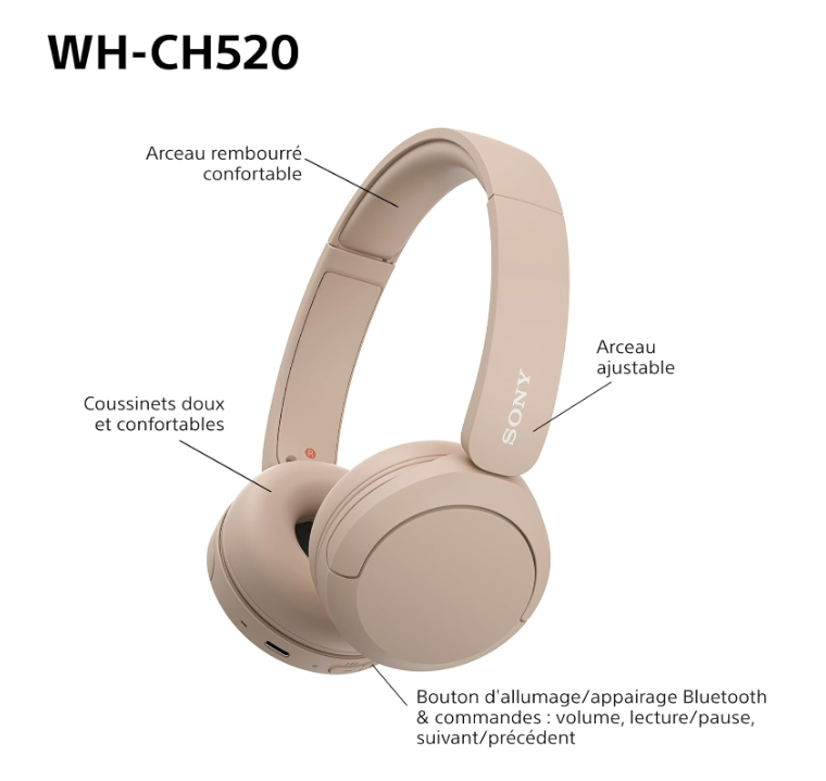 Casque Bluetooth Sony WH-CH520 Circum-Auriculaire – Autonomie 50 h – Micro Intégré photo 5