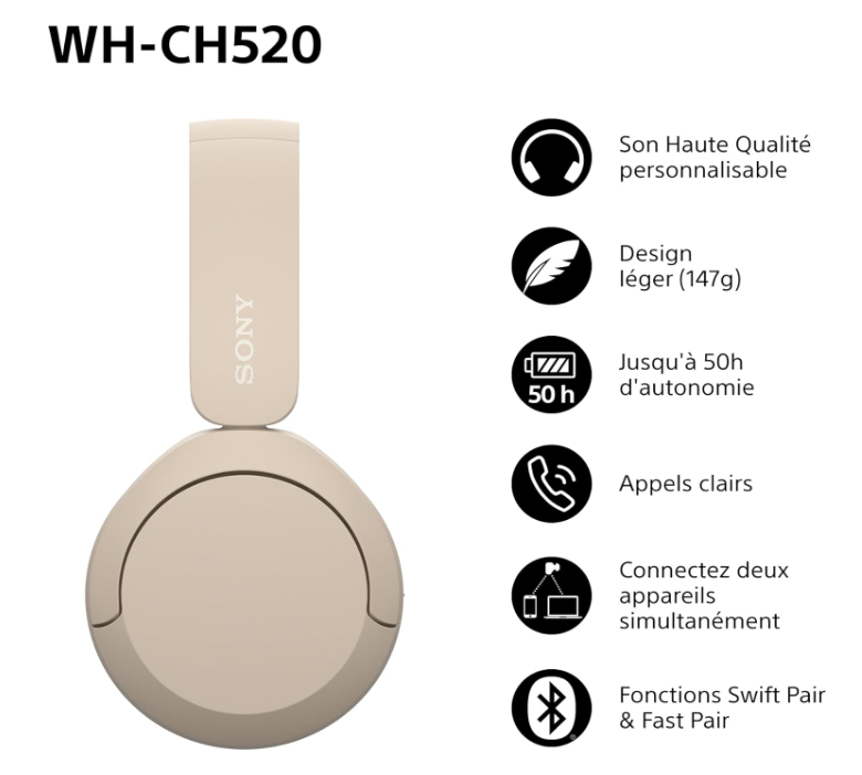 Casque Bluetooth Sony WH-CH520 Circum-Auriculaire – Autonomie 50 h – Micro Intégré photo 3