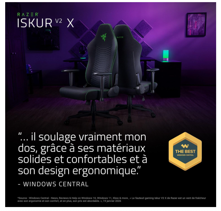 Chaise Gaming Ergonomique Inclinable Tissu Noir Razer Iskur V2 X photo 3