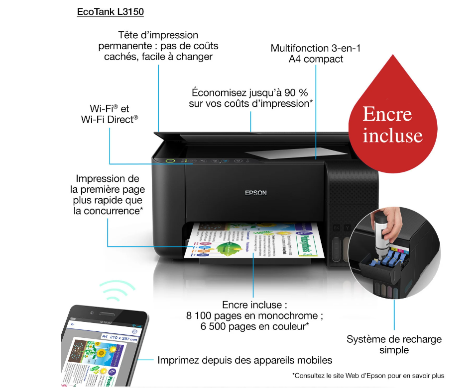 Imprimante Multifonction Epson EcoTank L3150 Wi-Fi à réservoirs rechargeables photo 2