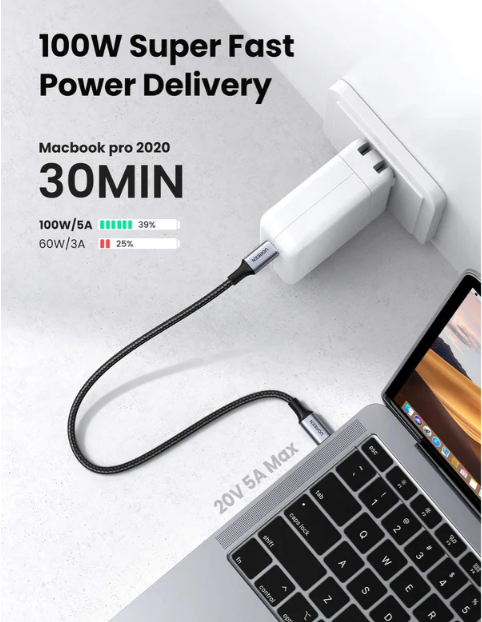 Câble UGREEN USB-C vers USB-C PD 100W Nylon Tressé (5A 20V) photo 2