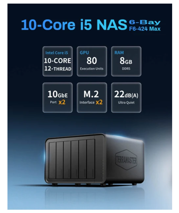 Serveur NAS TerraMaster F6-424 Max 6 Baies – Core i5, 8 Go DDR5, Double 10GbE photo 2