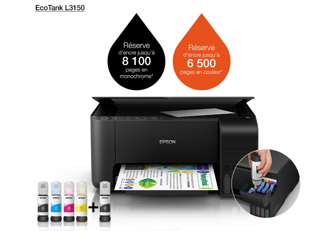Imprimante Multifonction Epson EcoTank L3150 Wi-Fi à réservoirs rechargeables